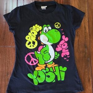 Girl's Peace & Love Yoshi T-shirt Size Large Black, Neon Super Mario Brothers